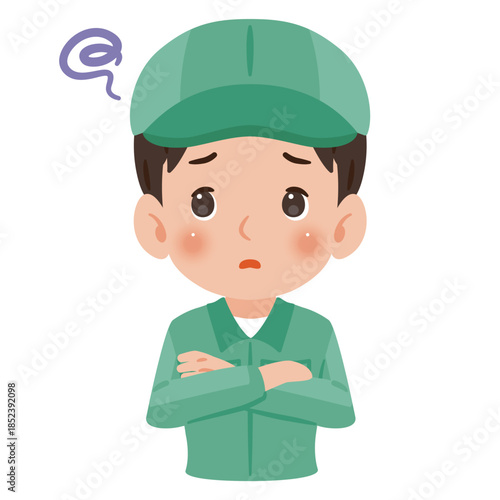 困る作業服を着て帽子を被った男性　上半身イラスト／Troubled man wearing work clothes and a cap, upper body illustration