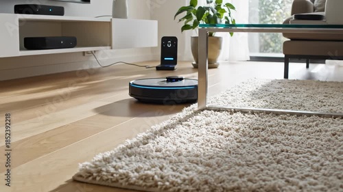 Robot vacuum cleaner on wooden floor