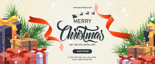 Xmas Banner with Colorful Gift Box and Ribbon