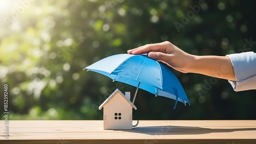 Protecting home with umbrella under rain or storm