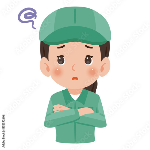 困る作業服を着て帽子を被った女性　上半身イラスト／Troubled woman wearing work clothes and a cap, upper body illustration