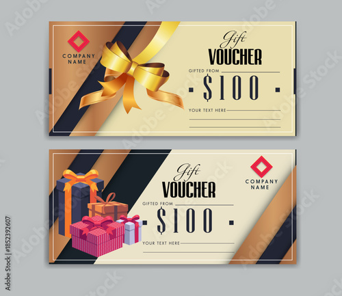 Luxury Gift Voucher Templates with 3D Ribbon and Present Box