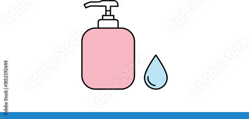Simple flat vector icon of a pink pump bottle with a blue liquid droplet for hygiene and skincare themes.