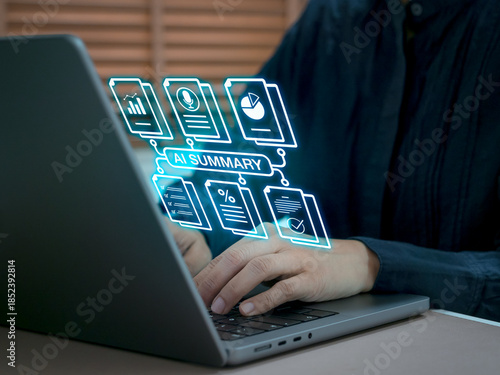 AI summary technology concept with digital data visualization. Person using artificial intelligence tools to generate automated summaries, improving productivity and efficiency in data analysis tasks.