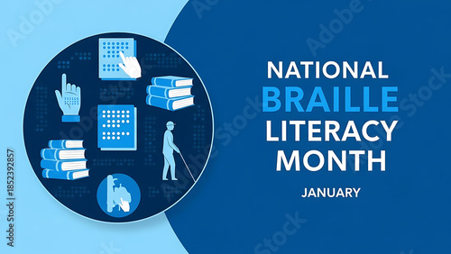 National braille literacy month january graphic with icons for visually impaired and reading