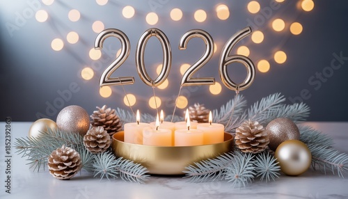New Year's Eve 2026: An elegant New Year's Eve scene is set with metallic numbers, soft candle light, and festive seasonal decor. Capturing a sense of anticipation and the promise of a fresh start.