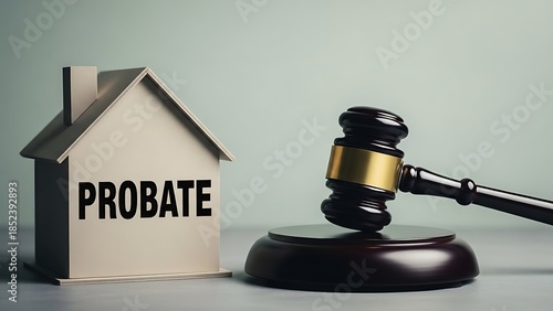 Probate process illustrated with gavel and model house