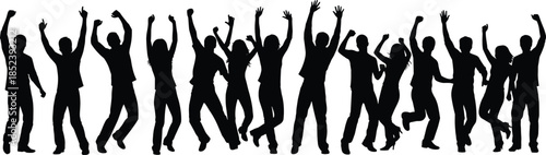 Group of dancing people silhouettes, celebrating joy and unity, energetic poses, festive movement, party crowd, expressive figures, black shapes on white background, vector illustration