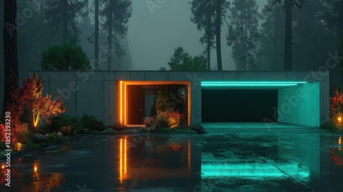Modern architectural dwelling illuminated by contrasting neon lights in a misty forest at dusk