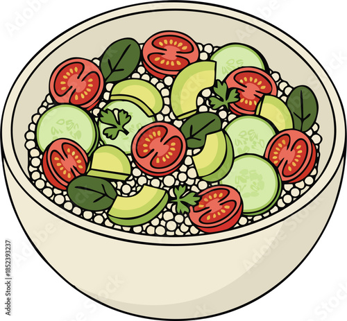 Quinoa Salad Bowl with Avocado, Cucumber and Cherry Tomatoes Flat Vector Illustration
