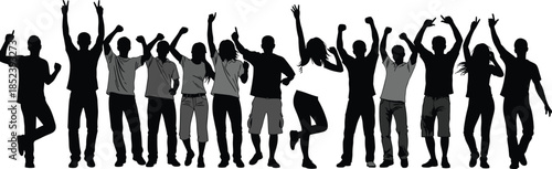 Group of diverse people silhouette celebrating, jumping, dancing, showing peace signs, unity, happiness, teamwork, festive mood, isolated on white background, vector illustration, stock content