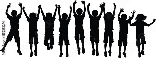 Group of happy children jumping silhouette, playful kids in motion, joyful childhood moment, energetic youth activity, teamwork, fun, freedom, togetherness, black figures on white background