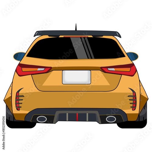 Rear View of Yellow sports Hatchback Car with a wide body Illustration
