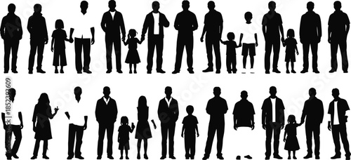 Silhouette vector illustration of diverse people, family, children, adults, standing, walking, interacting, isolated black figures on white background, social relationship concept