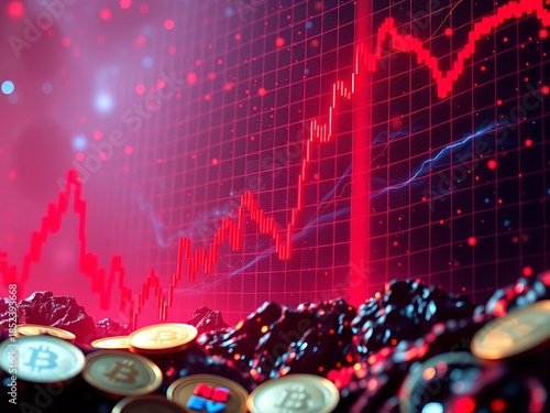 Digital currency plunge, red crypto chart falling to zero amidst panic sell off,  graph,  red