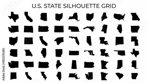 United States Vector Grid of State Silhouettes, Black Geographic Outlines for Educational, Design, Cartography, and Minimalist Graphic Illustration Use