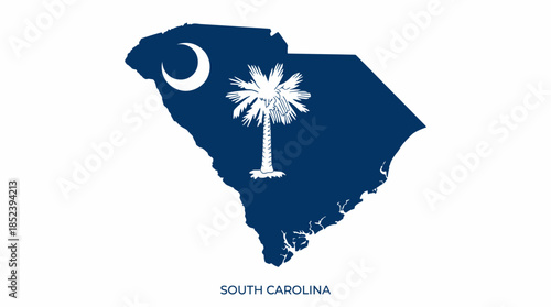South Carolina Flag Silhouette Vector Map with Palmetto Tree and Crescent Moon, Blue State Emblem Design for Heritage, Identity, and Vector Graphic Illustration