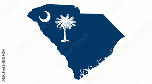 South Carolina Flag Silhouette Vector Map with Palmetto Tree and Crescent Moon, Blue State Emblem Design for Heritage, Identity, and Vector Graphic Illustration