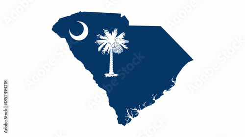 South Carolina Flag Silhouette Vector Map with Palmetto Tree and Crescent Moon, Blue State Emblem Design for Heritage, Identity, and Vector Graphic Illustration