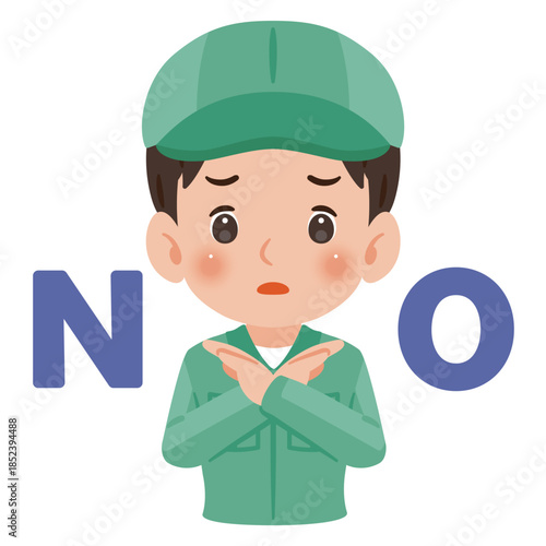 両手でバツのポーズをする作業服を着て帽子を被った男性　上半身イラスト／Man wearing work clothes and a cap making a cross gesture with both hands, upper body illustration