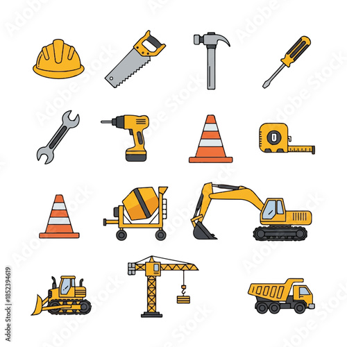 Construction Equipment and Tools Illustration Set.
