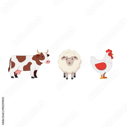 Cow Sheep and Chicken Farm Animals.