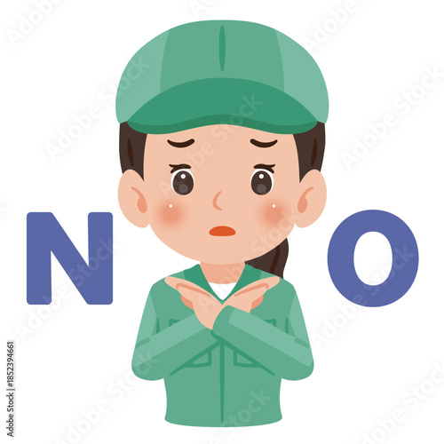 両手でバツのポーズをする作業服を着て帽子を被った女性　上半身イラスト／Woman wearing work clothes and a cap making a cross gesture with both hands, upper body illustration