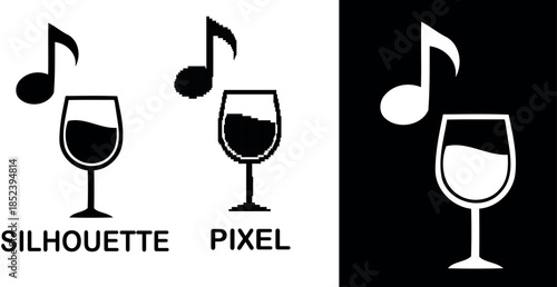 A silhouette& pixel of a wine glass adorned with musical notes and icons