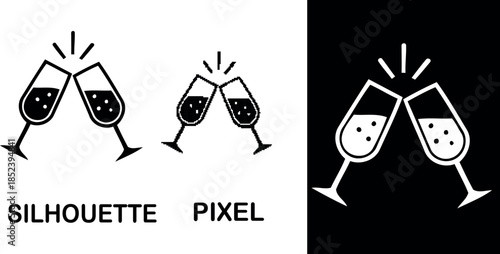 Two wine glasses silhouette & pixel vector icon in a grayscale design