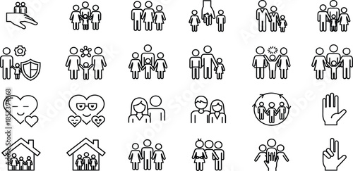 Family and community support line icons set featuring parents, children, home protection, social care, and unity symbols.