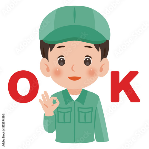 片手でOKサインする作業服を着て帽子を被った男性　上半身イラスト／Man wearing work clothes and a cap making an OK sign with one hand, upper body illustration