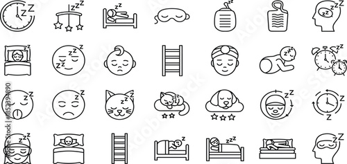 Sleep and bedtime relaxation line icons set featuring alarm clocks, dreaming symbols, resting pets, and night routine elements.