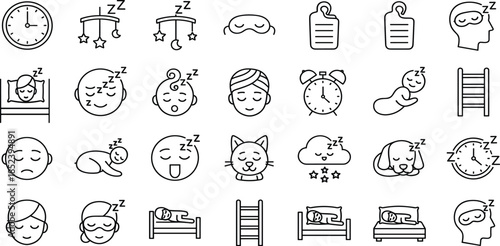 Sleep and bedtime relaxation line icons set featuring alarm clocks, sleeping masks, baby mobiles, resting pets, and dreaming symbols.