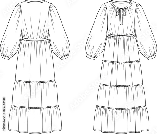 Women tiered maxi dress fashion flat sketch long puff sleeve front back view apparel design cad drawing flat vector illustration