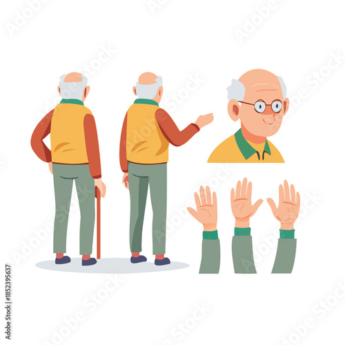 Cartoon illustration showing a character design of an elderly man with various hand poses and a view of the character from the back.
