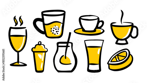 Assorted beverages in various cups