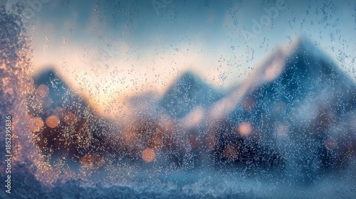 Snowy mountain peaks through frosted window with bokeh lights