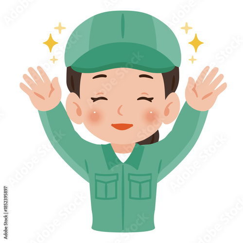 両手を上げて万歳する笑顔の作業服を着て帽子を被った女性　上半身イラスト／Smiling woman wearing work clothes and a cap raising both hands in celebration, upper body illustration