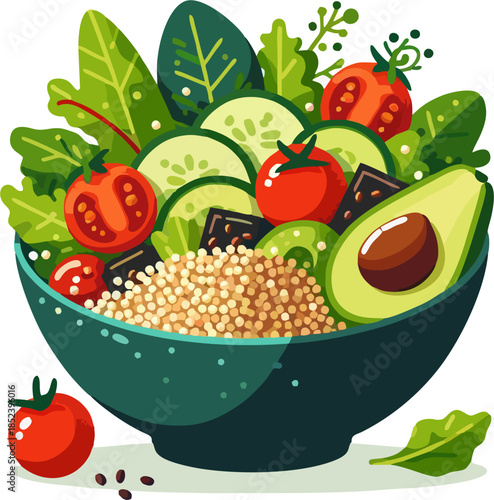 Healthy Quinoa Salad Bowl with Avocado, Cherry Tomatoes and Fresh Greens Flat Illustration