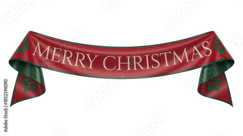 Merry christmas banner ribbon with holly decoration, festive holiday greeting text on red fabric scroll isolated on transparent background