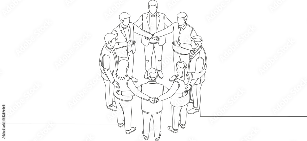 Obraz premium Modern continuous line art vector illustration of a diverse group of people standing in a circle representing teamwork unity community and professional partnership.