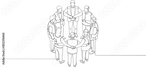 Modern continuous line art vector illustration of a diverse group of people standing in a circle representing teamwork unity community and professional partnership.