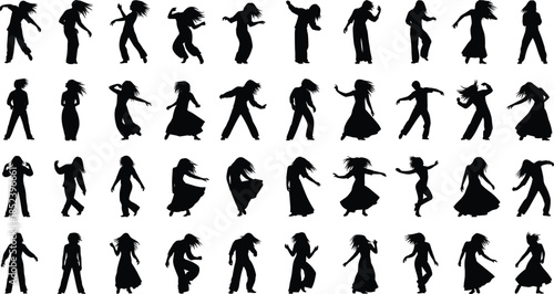 Dancing woman silhouette collection, female expressive movement poses, energetic freestyle dance actions, black human figures isolated on white background
