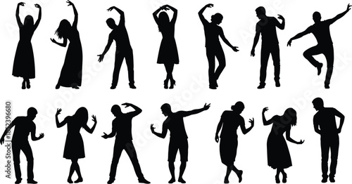 Dancing people silhouettes collection, male and female dance poses, expressive body movement, modern choreography figures, black silhouette illustration set