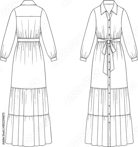 Women button front tiered maxi dress fashion flat sketch long sleeve front back view apparel design cad drawing flat vector illustration