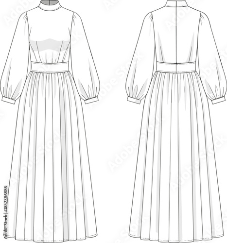 Women high neck pleated maxi dress fashion flat sketch long sleeve front back view apparel design cad drawing flat vector illustration