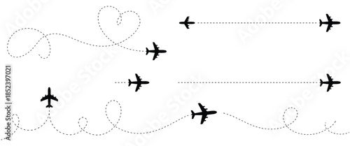 Airplane route with dotted flight path and flying plane symbol featuring twisted, curved, straight, and heart shaped dashed trace lines for travel concept vector illustration.