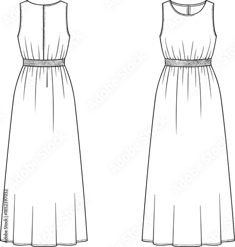 Women sleeveless maxi dress fashion flat sketch front back view elastic waist apparel design cad drawing flat vector illustration