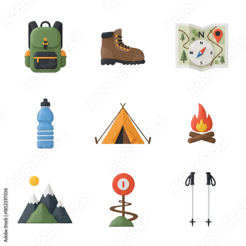 Camping and Hiking Essentials Icons Set.