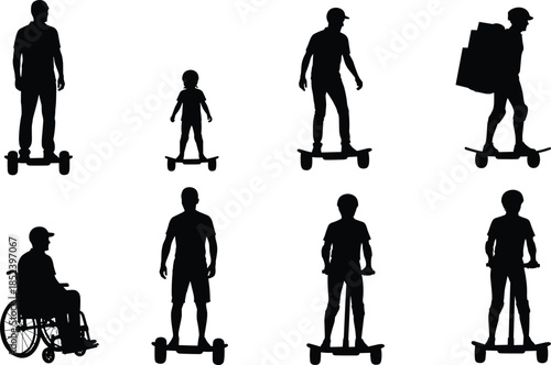 Electric scooter rider silhouettes set, adults and children riding e scooter, urban mobility transportation poses, black silhouette illustration collection